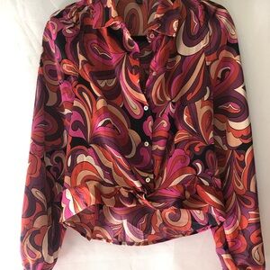 Haver London Red and Pink Graphic Long Sleeve cropped Blouse xs
